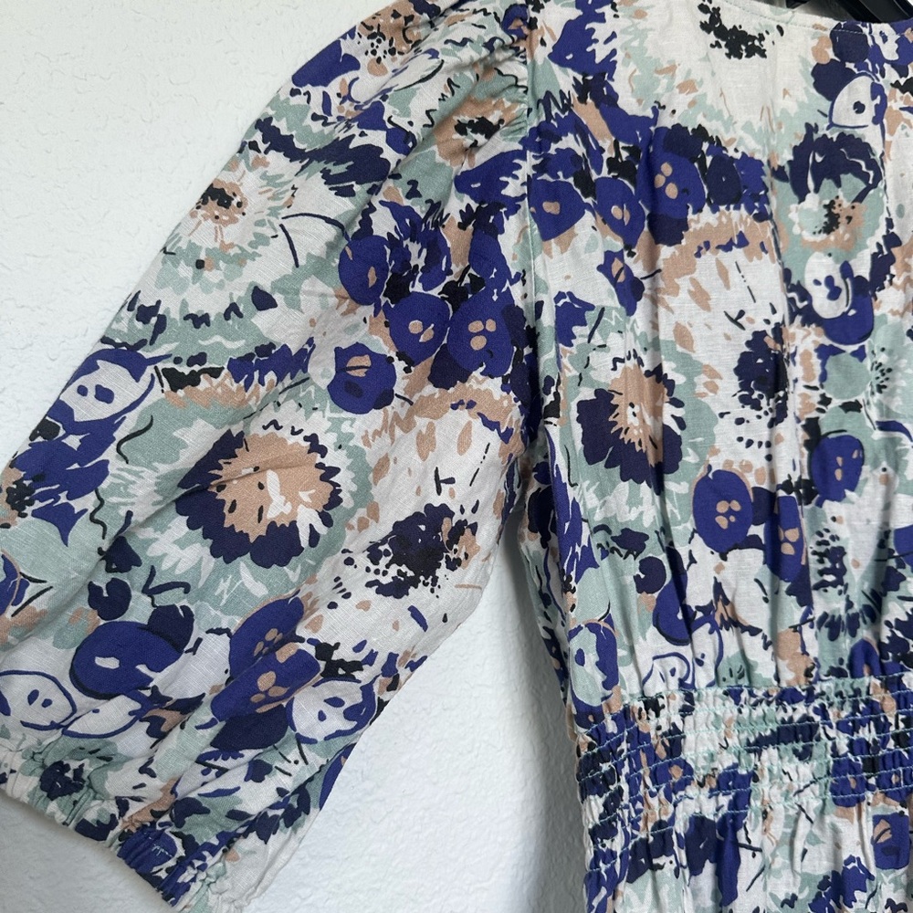 Tuckernuck Puff Sleeve Naomi Midi Dress Blue White Tan Size Small - Picture 12 of 13